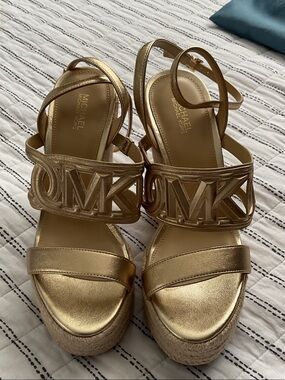Michael Kors Gold MK Logo Wedge Sandals